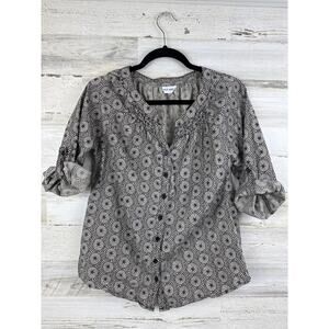 Harve Bernard womens small roll cuff boho black cream top blouse